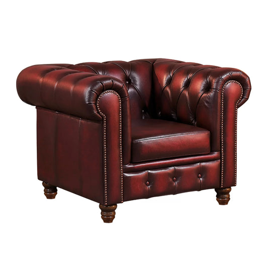 Max Chesterfield Armchair Single Seater Sofa Genuine Leather Antique Red - Cosy Abode