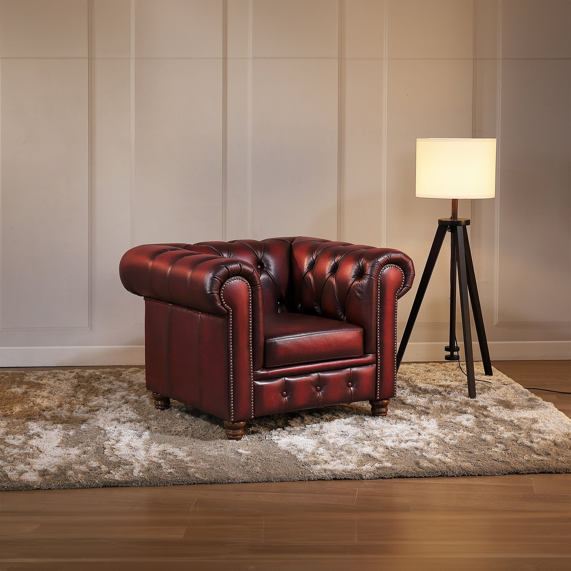 Max Chesterfield Armchair Single Seater Sofa Genuine Leather Antique Red - Cosy Abode