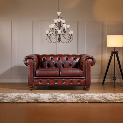 Max Chesterfield 2 Seater Sofa Lounge Genuine Leather Antique Red - Cosy Abode