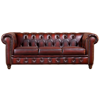 Max Chesterfield 3 Seater Sofa Lounge Genuine Leather Antique Red - Cosy Abode