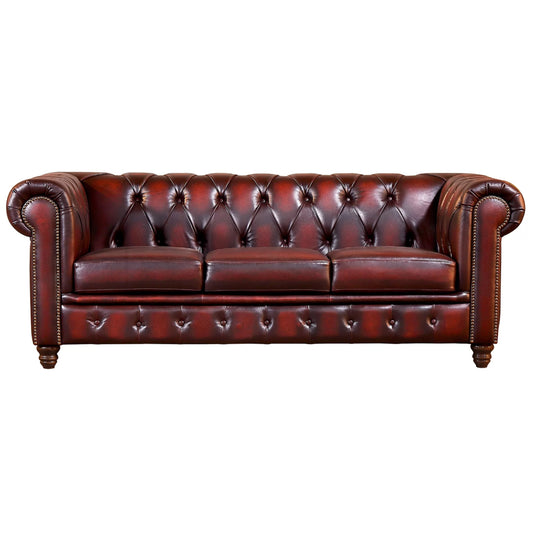 Max Chesterfield 3 Seater Sofa Lounge Genuine Leather Antique Red - Cosy Abode