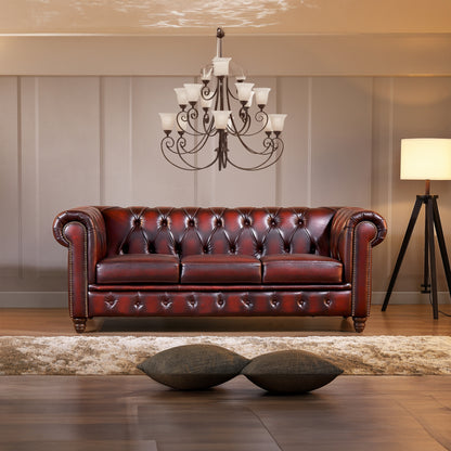 Max Chesterfield 3 Seater Sofa Lounge Genuine Leather Antique Red - Cosy Abode