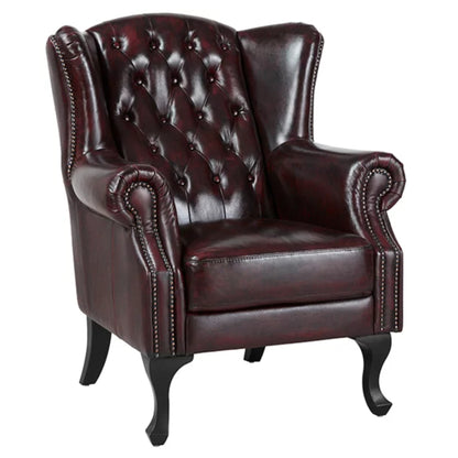 Max Chesterfield Winged Armchair Single Seater Sofa Genuine Leather Antique Red - Cosy Abode