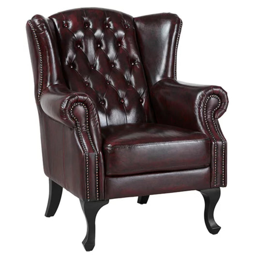 Max Chesterfield Winged Armchair Single Seater Sofa Genuine Leather Antique Red - Cosy Abode