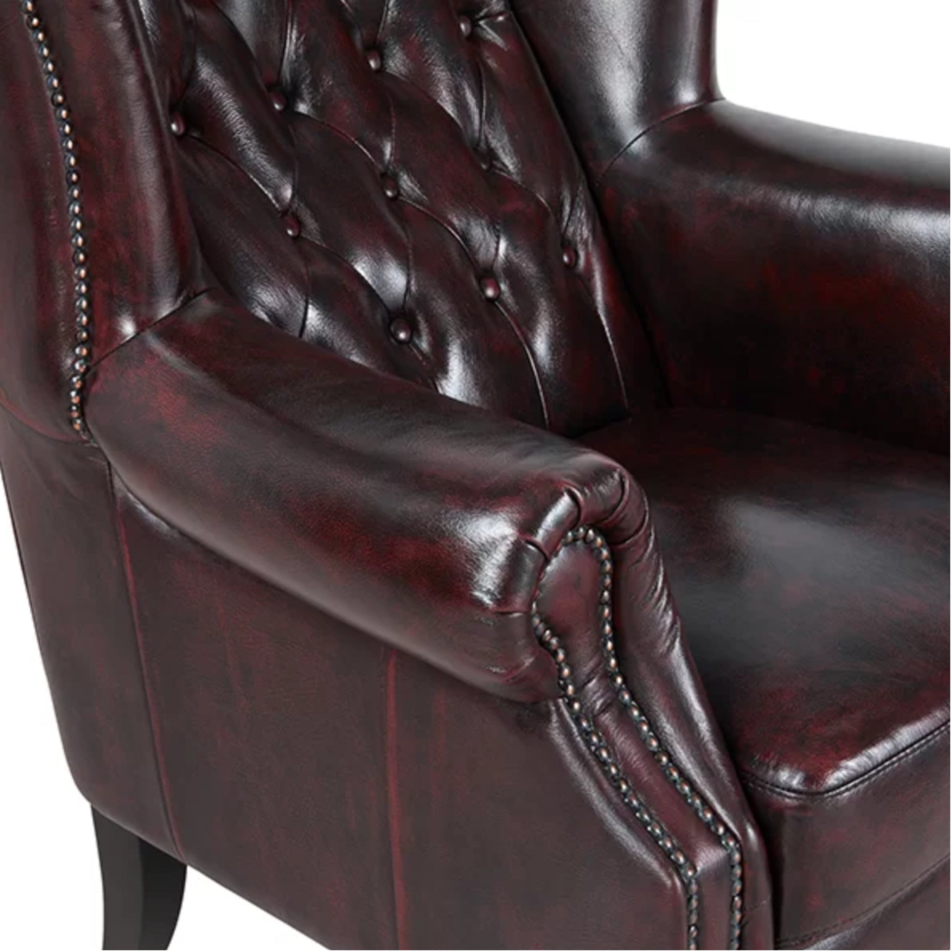 Max Chesterfield Winged Armchair Single Seater Sofa Genuine Leather Antique Red - Cosy Abode