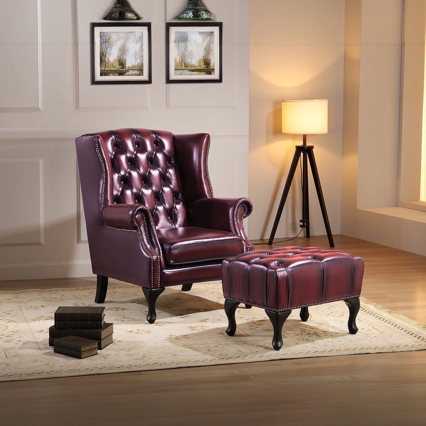Max Chesterfield Ottoman Footstool Genuine Leather Antique Red - Cosy Abode