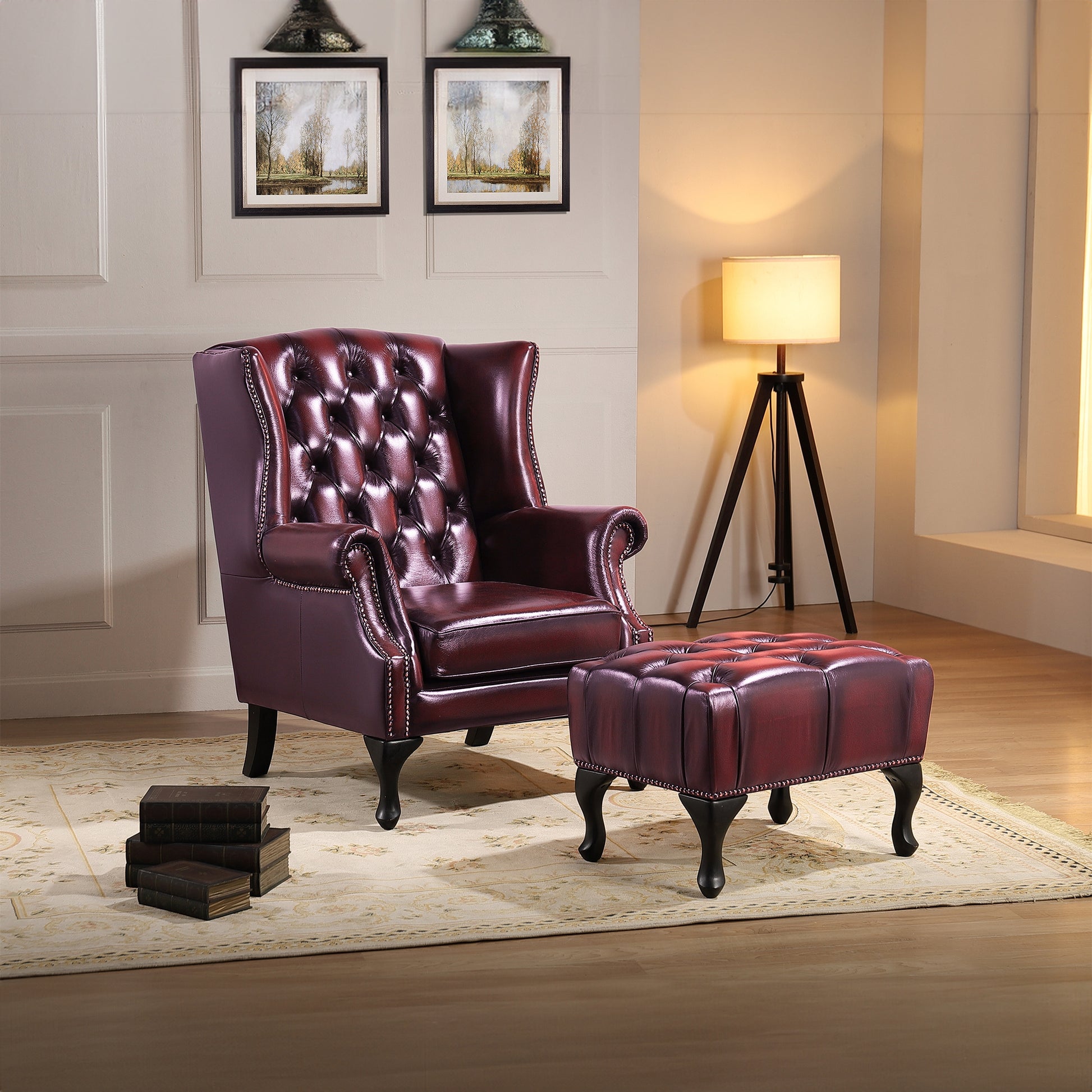 Max Chesterfield Ottoman Footstool Genuine Leather Antique Red - Cosy Abode
