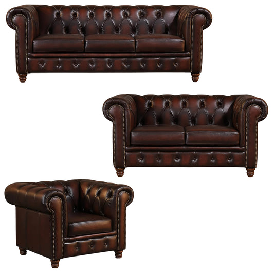 Max Chesterfield 1+2+3 Seater Sofa Set Lounge Genuine Leather Antique Brown - Cosy Abode