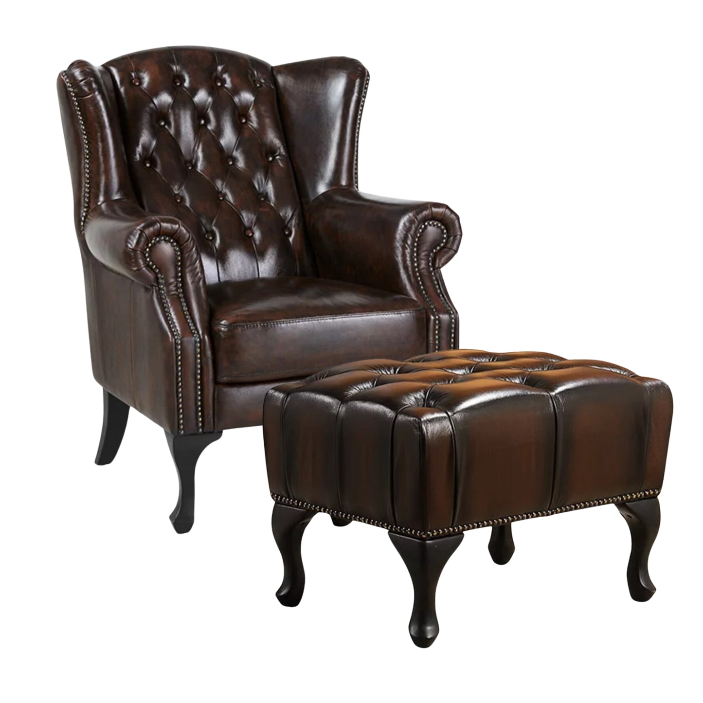 Max Chesterfield Winged Armchair Ottoman Footstool Sofa Leather Antique Brown - Cosy Abode
