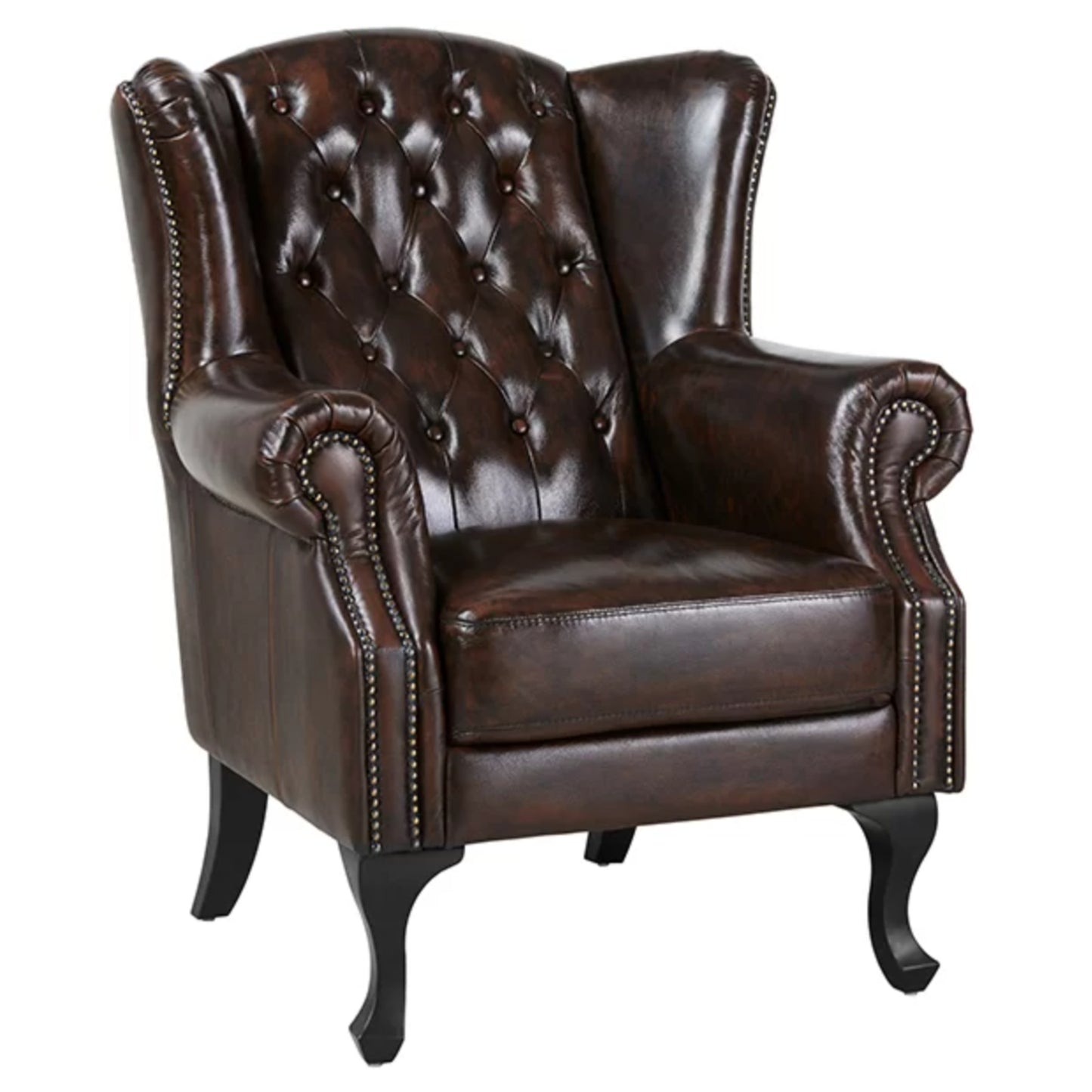 Max Chesterfield Winged Armchair Ottoman Footstool Sofa Leather Antique Brown - Cosy Abode