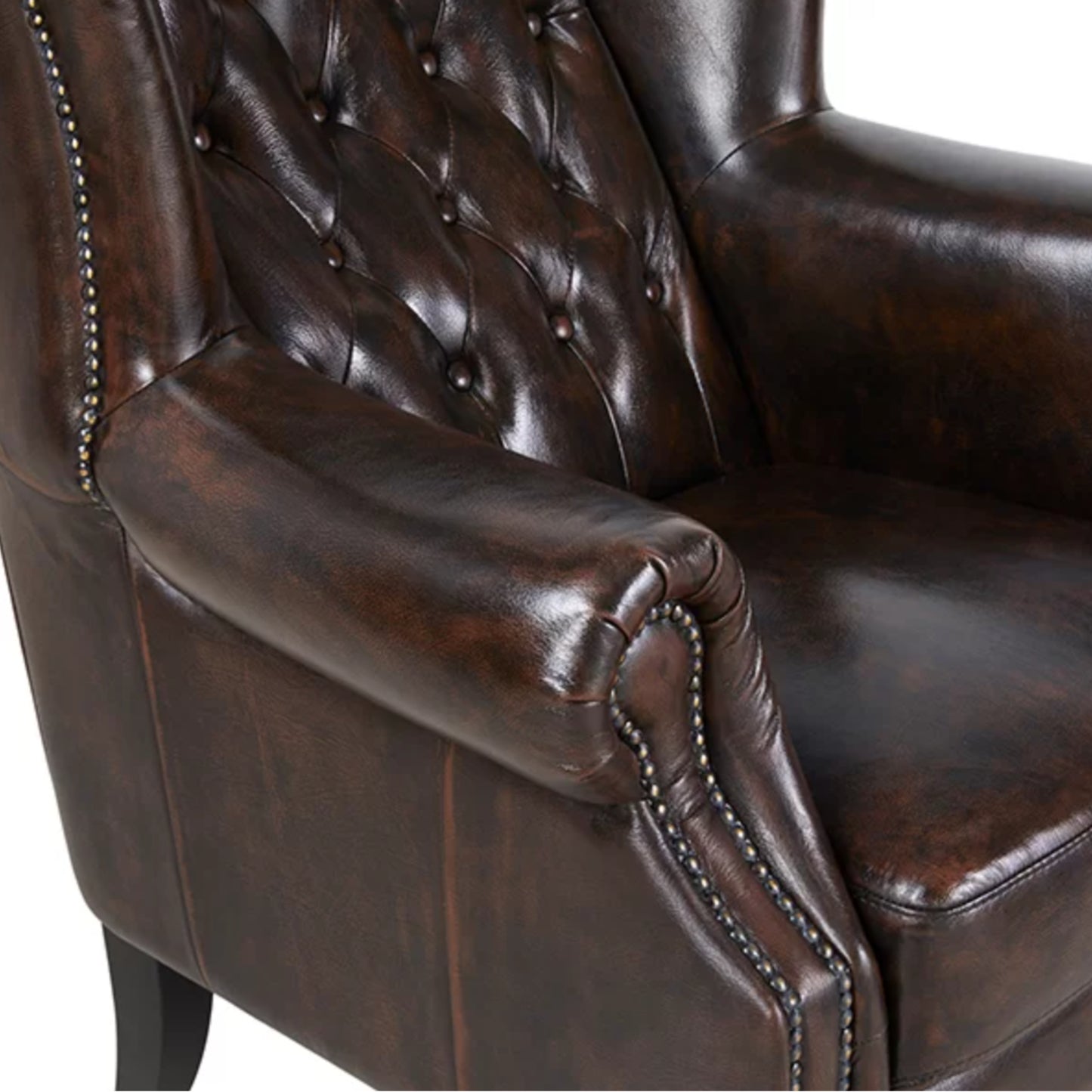 Max Chesterfield Winged Armchair Ottoman Footstool Sofa Leather Antique Brown - Cosy Abode