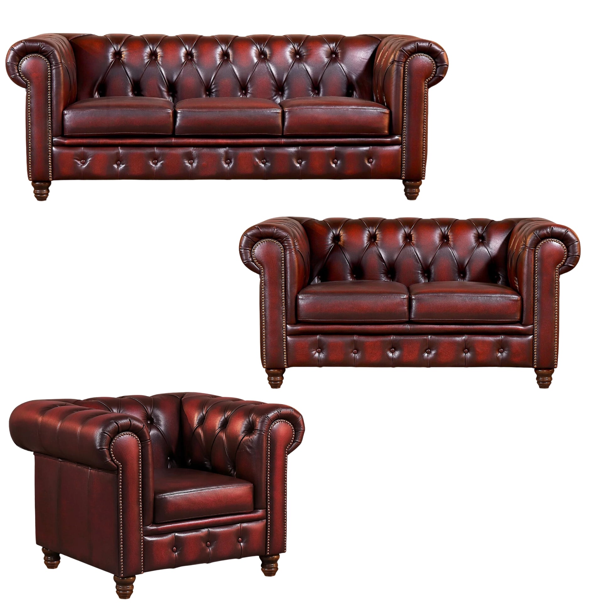 Max Chesterfield 1+2+3 Seater Sofa Set Lounge Genuine Leather Antique Red - Cosy Abode