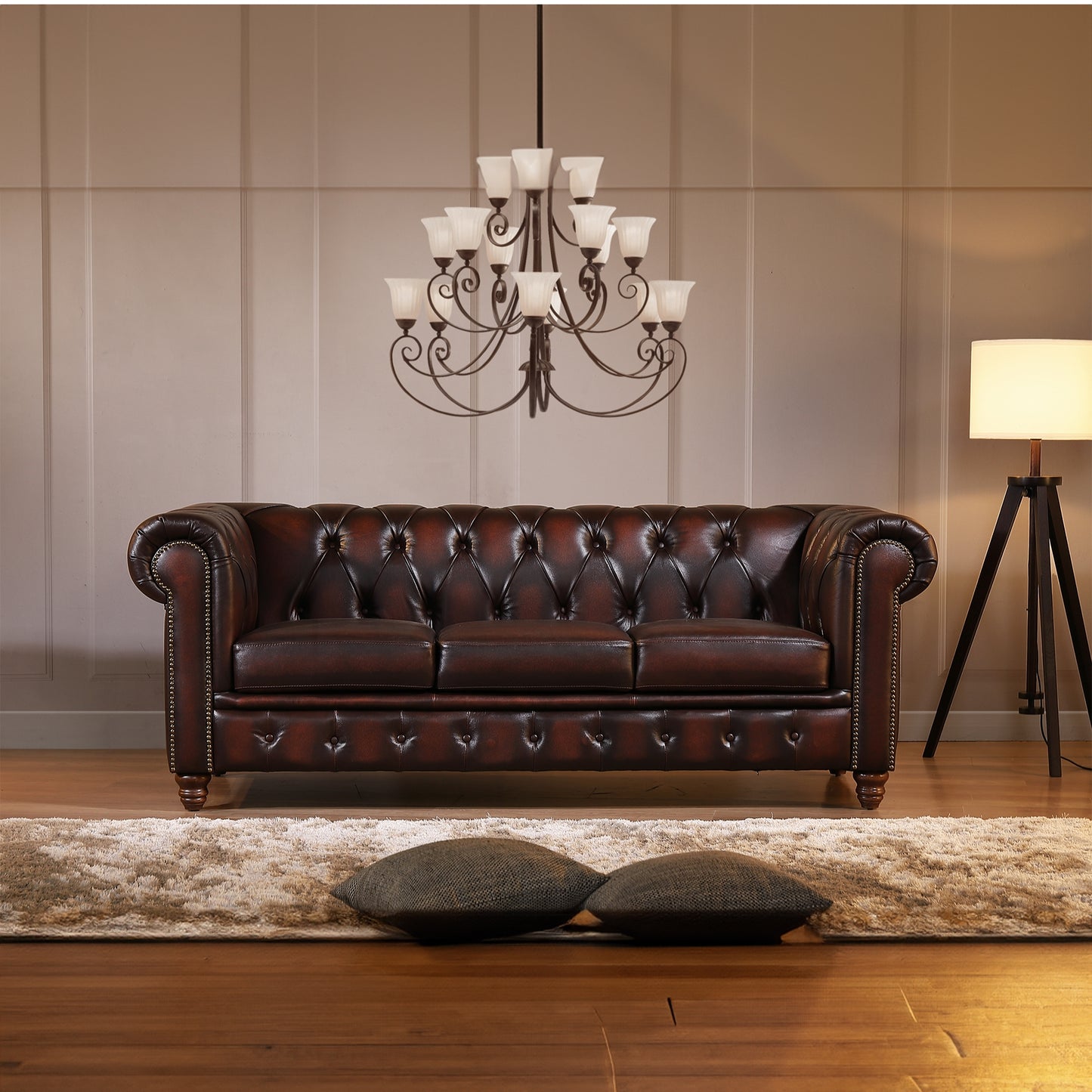 Max Chesterfield 3 Seater Sofa Lounge Genuine Leather Antique Brown - Cosy Abode