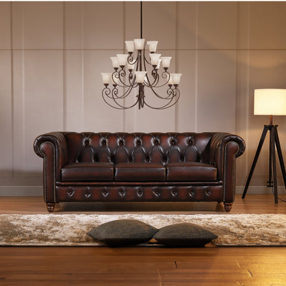 Max Chesterfield 3 Seater Sofa Lounge Genuine Leather Antique Brown - Cosy Abode