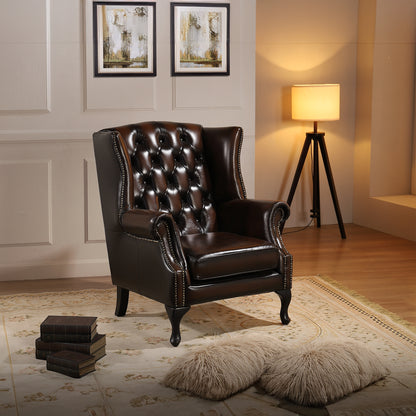 Max Chesterfield Winged Armchair Single Seater Sofa Genuine Leather Antique Brown - Cosy Abode