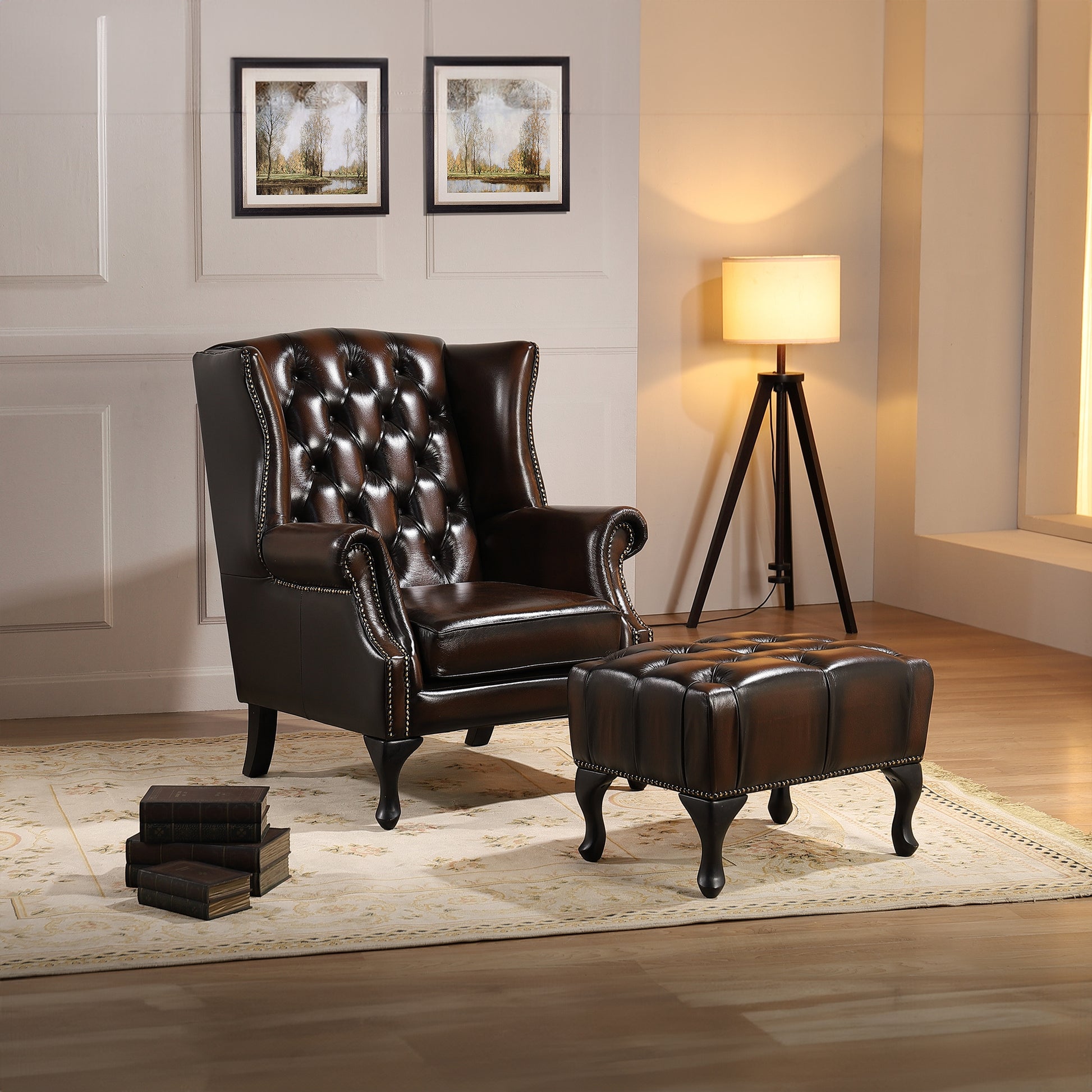 Max Chesterfield Winged Armchair Single Seater Sofa Genuine Leather Antique Brown - Cosy Abode