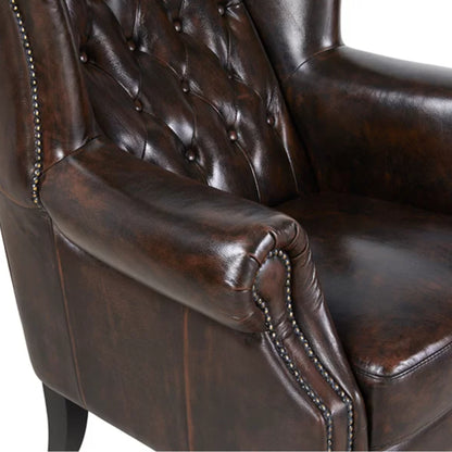 Max Chesterfield Winged Armchair Single Seater Sofa Genuine Leather Antique Brown - Cosy Abode