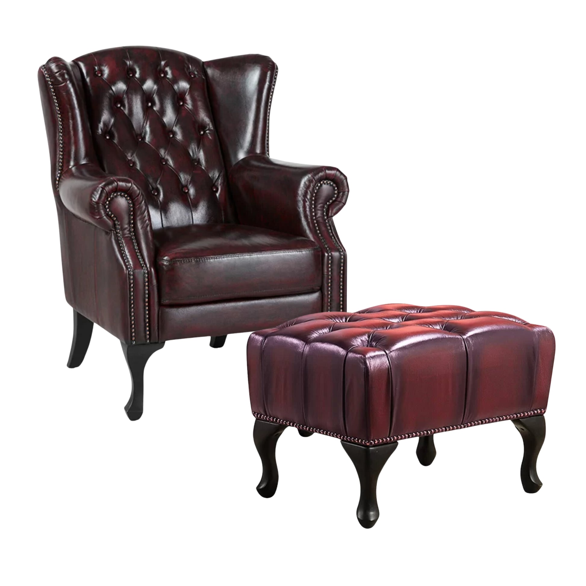 Max Chesterfield Winged Armchair Ottoman Footstool Sofa Leather Antique Red - Cosy Abode