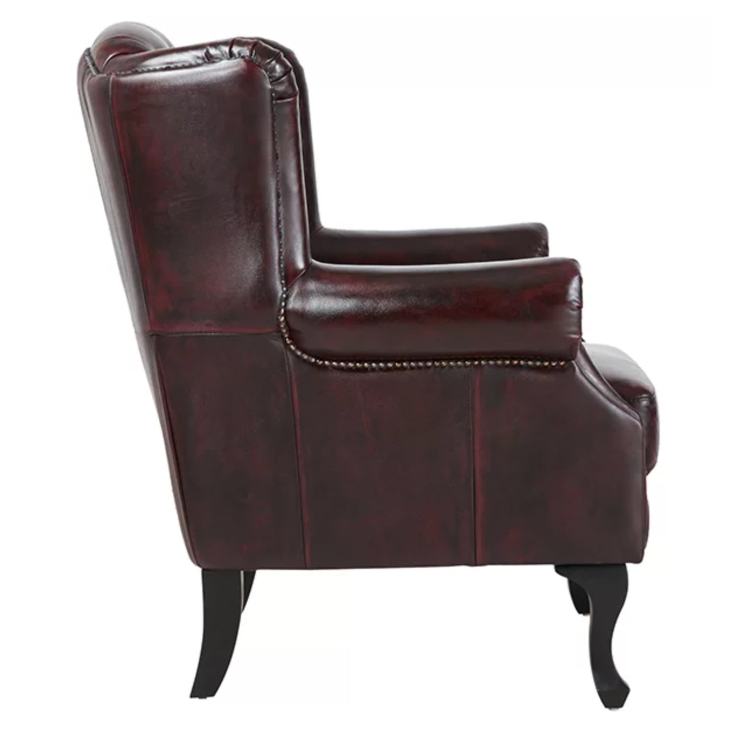 Max Chesterfield Winged Armchair Ottoman Footstool Sofa Leather Antique Red - Cosy Abode
