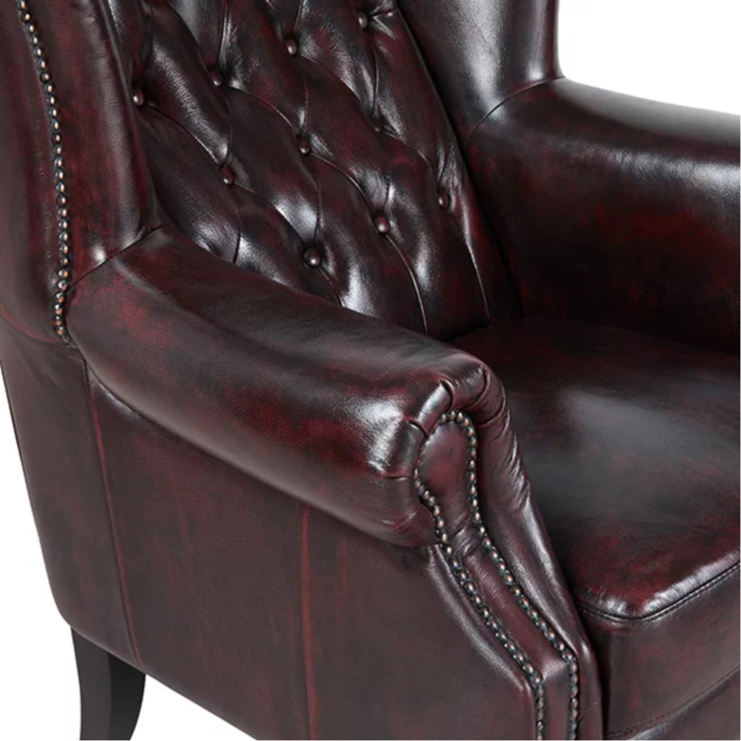 Max Chesterfield Winged Armchair Ottoman Footstool Sofa Leather Antique Red - Cosy Abode
