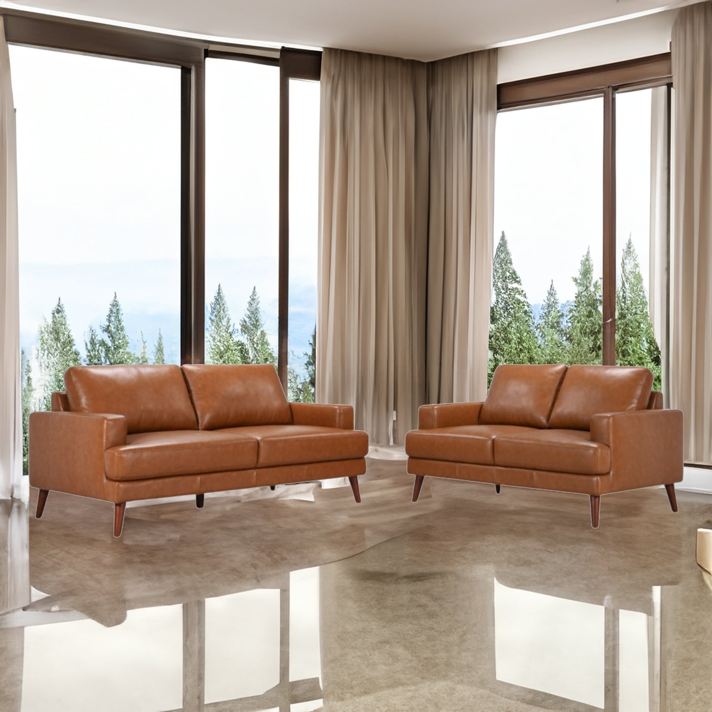 Matilda 2 + 3 Seater Sofa Leather Upholstered Lounge Set - Tan - Cosy Abode