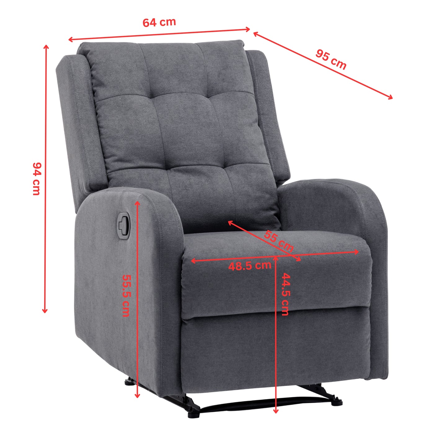 Flynn Recliner ArmChair Fabric Upholstered Sofa Lounge Accent Chair Grey - Cosy Abode