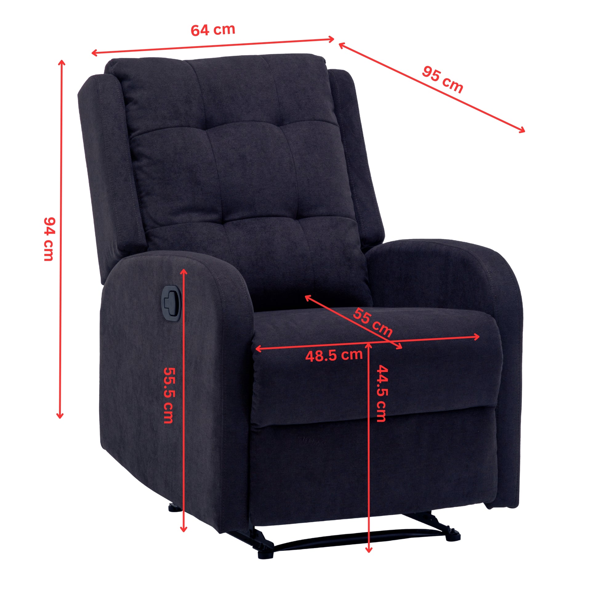 Flynn Recliner ArmChair Fabric Upholstered Sofa Lounge Accent Chair Dark Grey - Cosy Abode