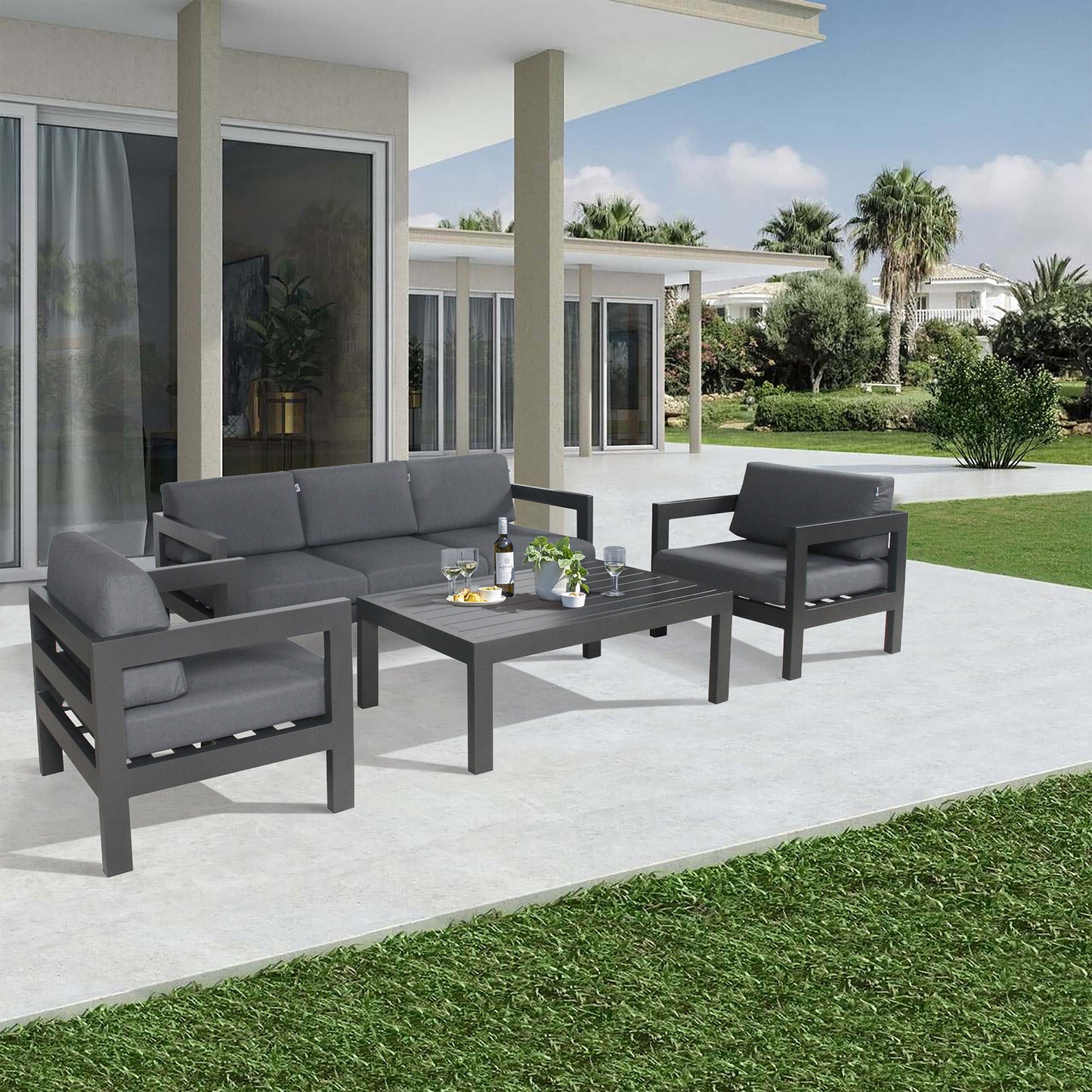 Outie 2pc Set 1+2 Seater Outdoor Sofa Lounge Aluminium Frame Charcoal - Cosy Abode