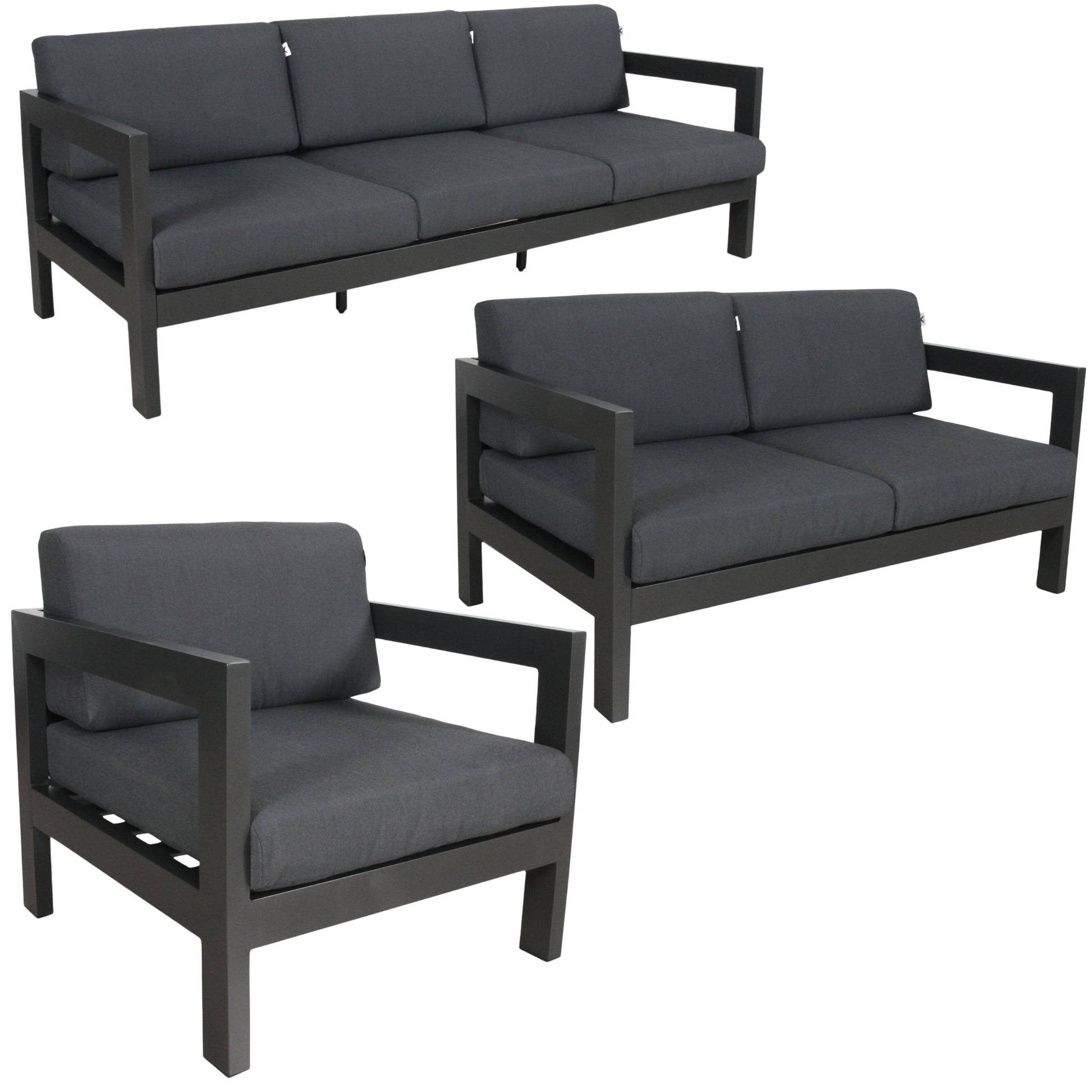 Outie 3pc Set 1+2+3 Seater Outdoor Sofa Lounge Aluminium Frame Charcoal - Cosy Abode