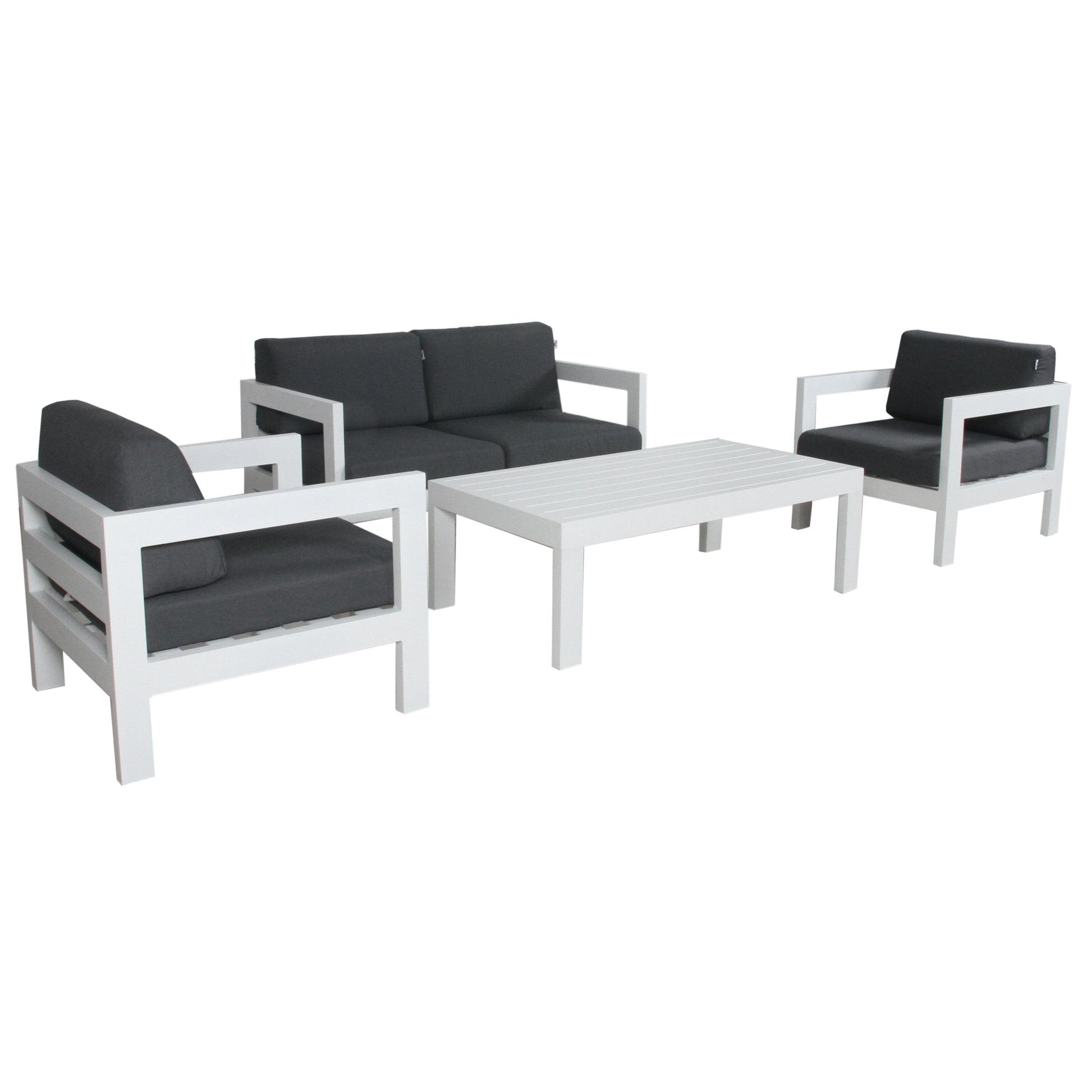 Outie 4pc Set 1+1+2 Seater Outdoor Sofa Lounge with Coffee Table in Aluminium - White - Cosy Abode