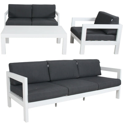 Outie 4pc Set 1+2+3 Seater Outdoor Sofa Lounge with Coffee Table in Aluminium - White - Cosy Abode