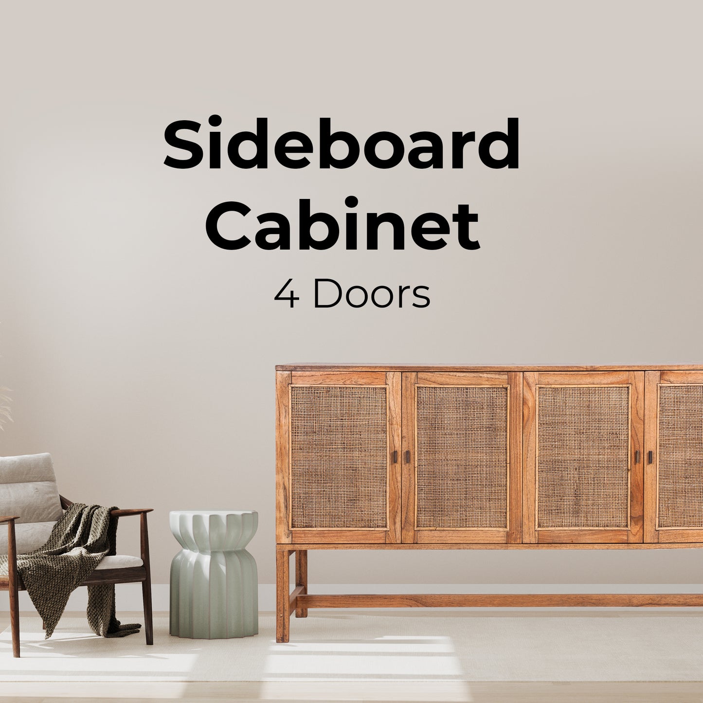 Jasmine Sideboard Buffet Table 160cm 4 Door Mindi Wood Rattan - Brown - Cosy Abode
