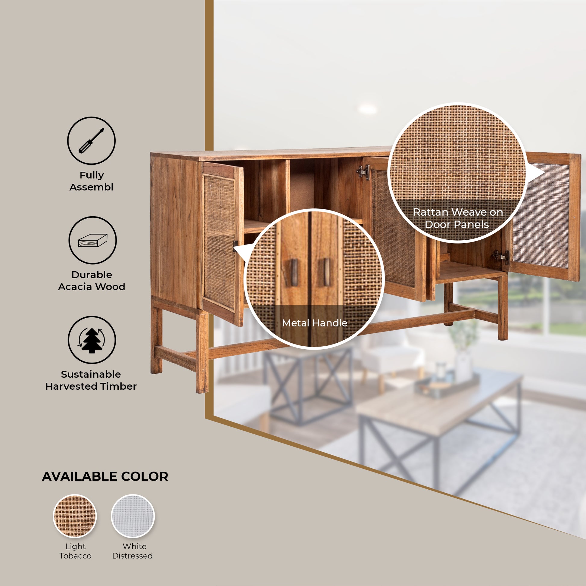 Jasmine Sideboard Buffet Table 160cm 4 Door Mindi Wood Rattan - Brown - Cosy Abode