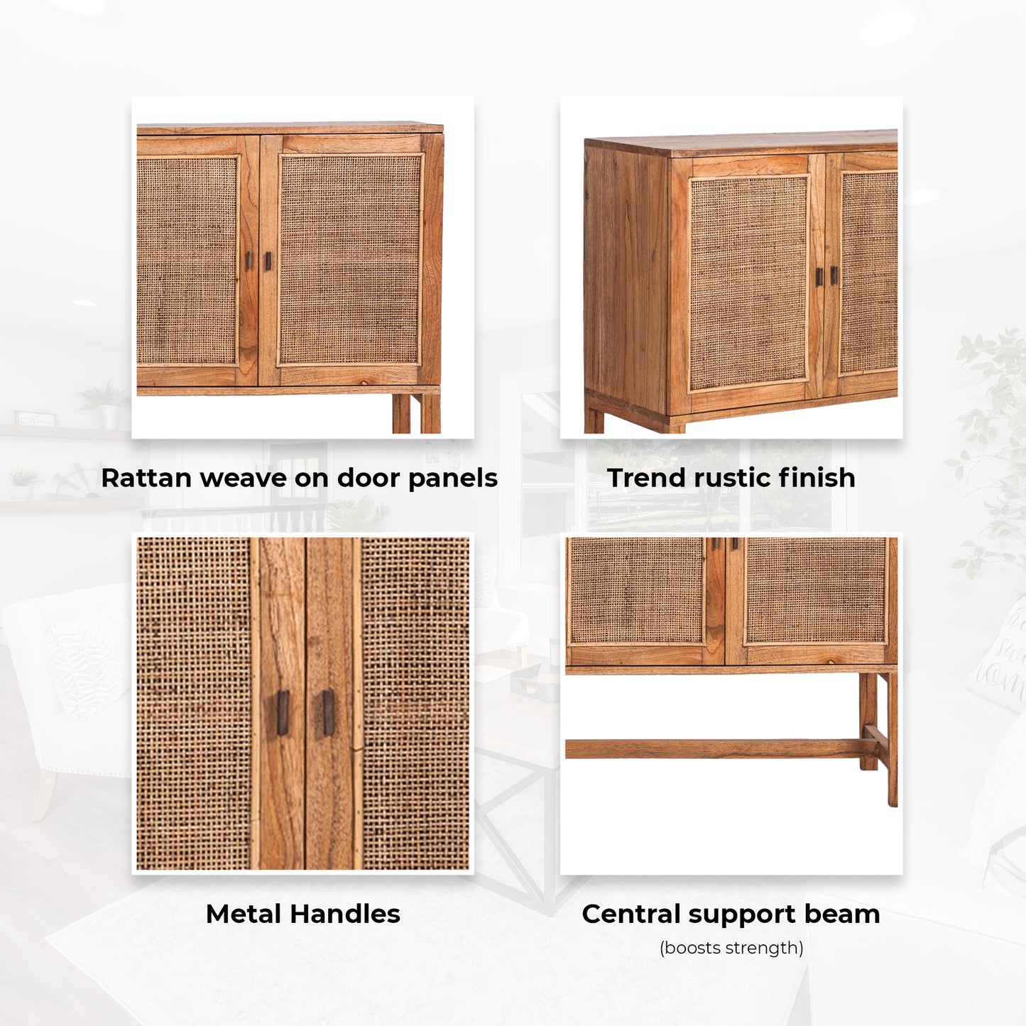 Jasmine Sideboard Buffet Table 160cm 4 Door Mindi Wood Rattan - Brown - Cosy Abode