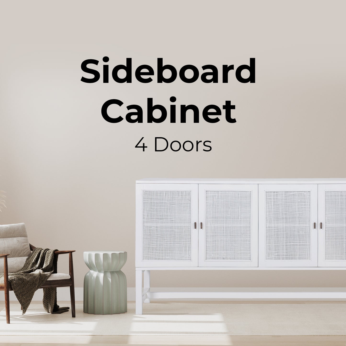 Jasmine Sideboard Buffet Table 160cm 4 Door Mindi Wood Rattan - White - Cosy Abode