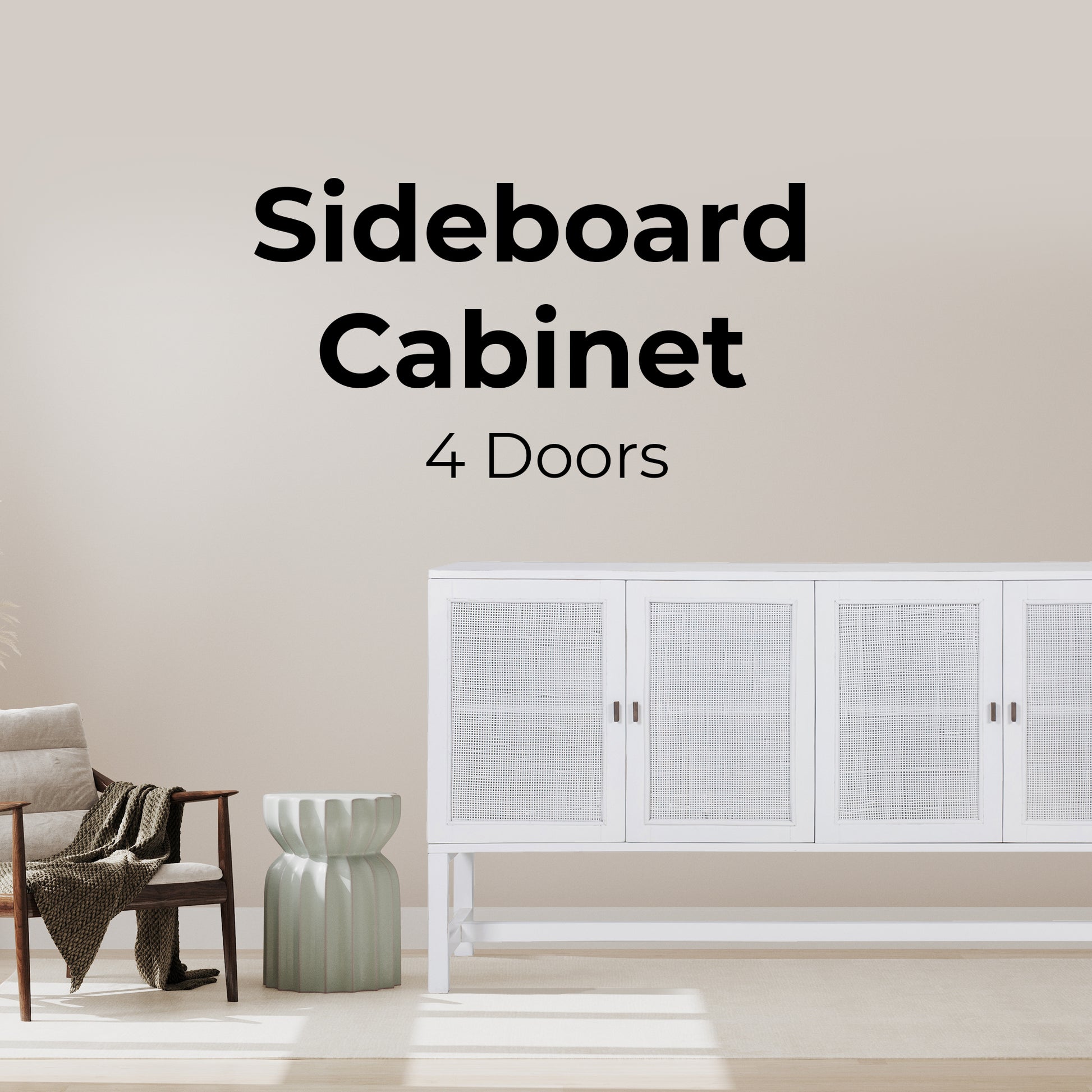 Jasmine Sideboard Buffet Table 160cm 4 Door Mindi Wood Rattan - White - Cosy Abode