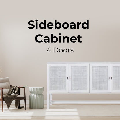 Jasmine Sideboard Buffet Table 160cm 4 Door Mindi Wood Rattan - White - Cosy Abode
