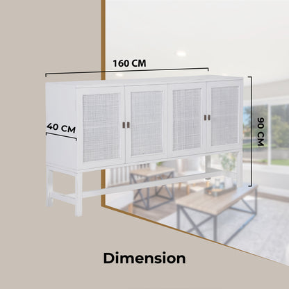 Jasmine Sideboard Buffet Table 160cm 4 Door Mindi Wood Rattan - White - Cosy Abode