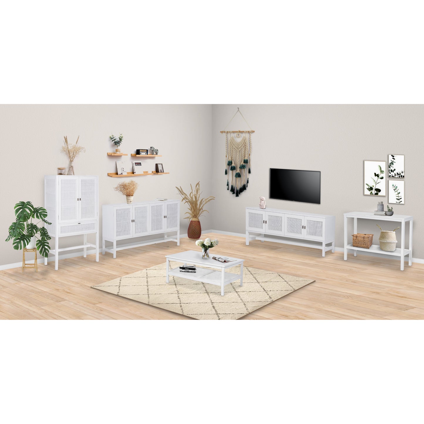 Jasmine Console Hallway Entry Table 110cm Mindi Timber Wood Rattan  - White - Cosy Abode