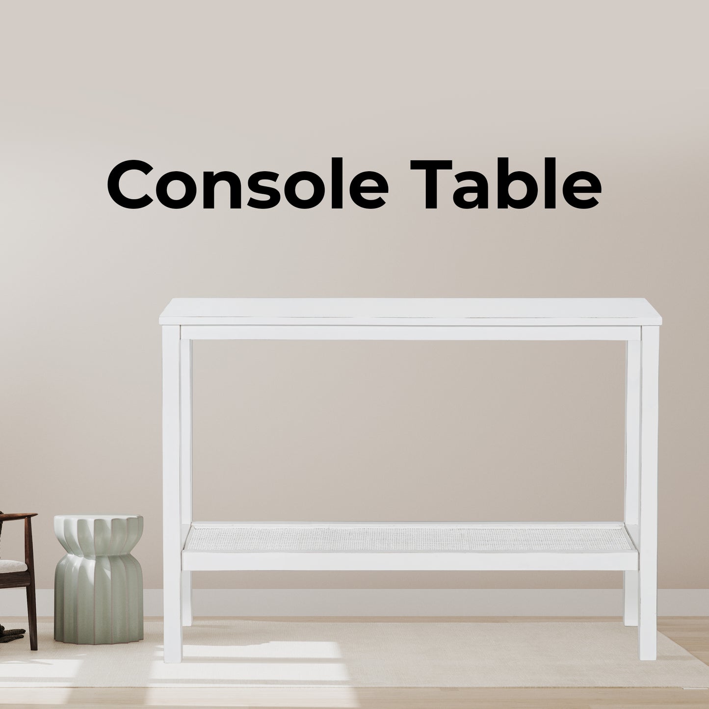 Jasmine Console Hallway Entry Table 110cm Mindi Timber Wood Rattan  - White - Cosy Abode