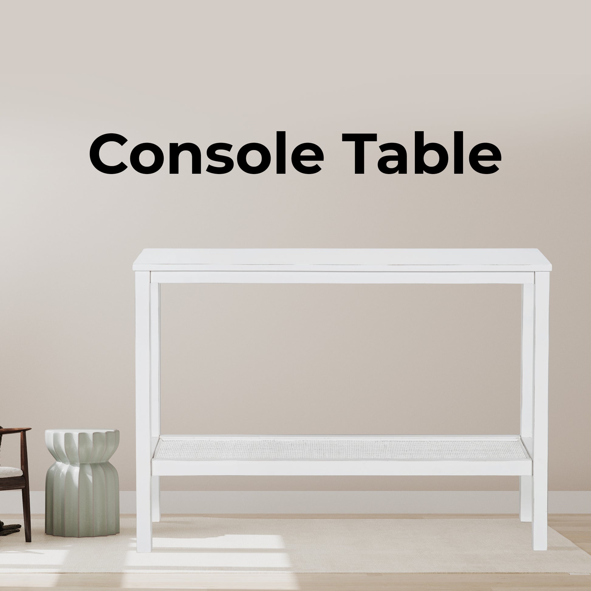 Jasmine Console Hallway Entry Table 110cm Mindi Timber Wood Rattan  - White - Cosy Abode