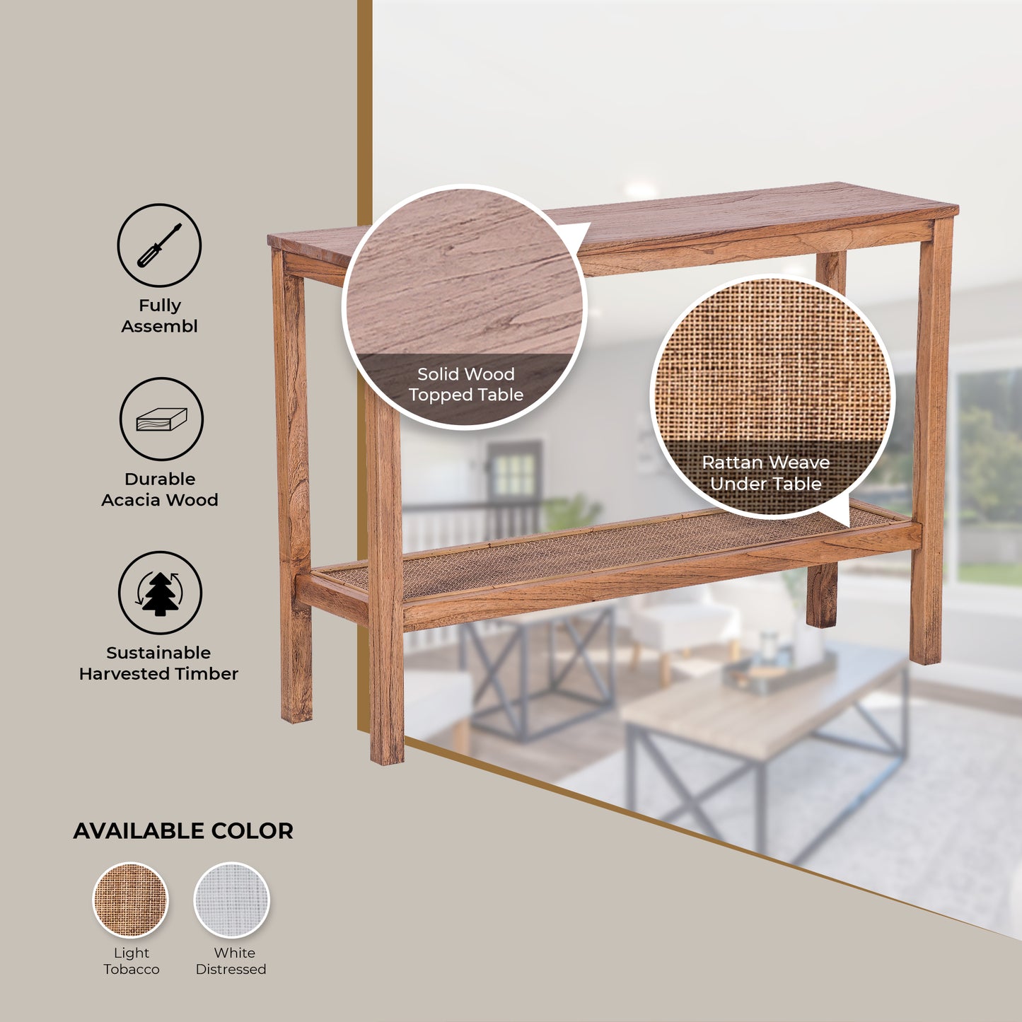 Jasmine Console Hallway Entry Table 110cm Mindi Timber Wood Rattan  - Brown - Cosy Abode
