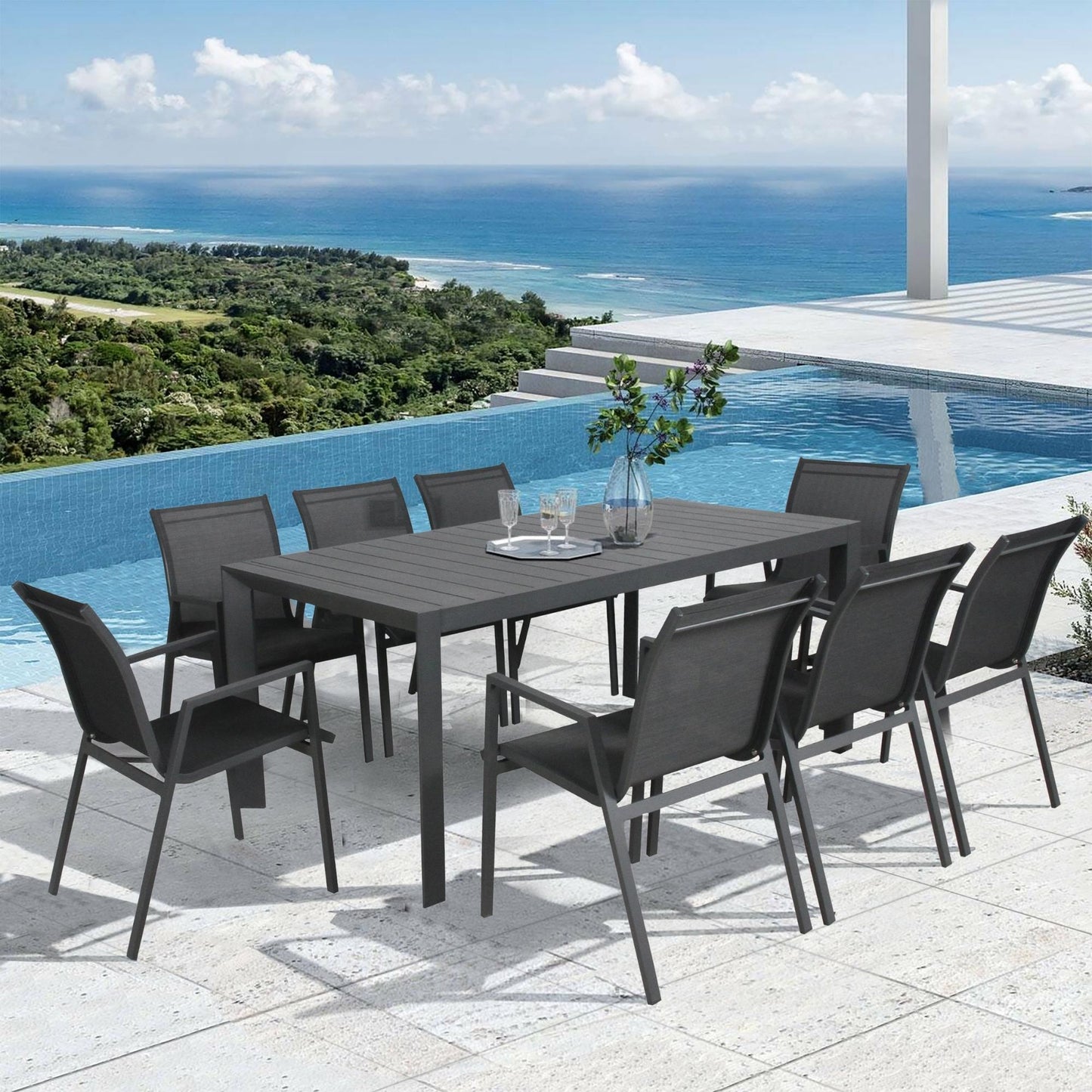 Iberia 7pc Set 178cm Aluminium Outdoor Dining Table Chair Charcoal - Cosy Abode