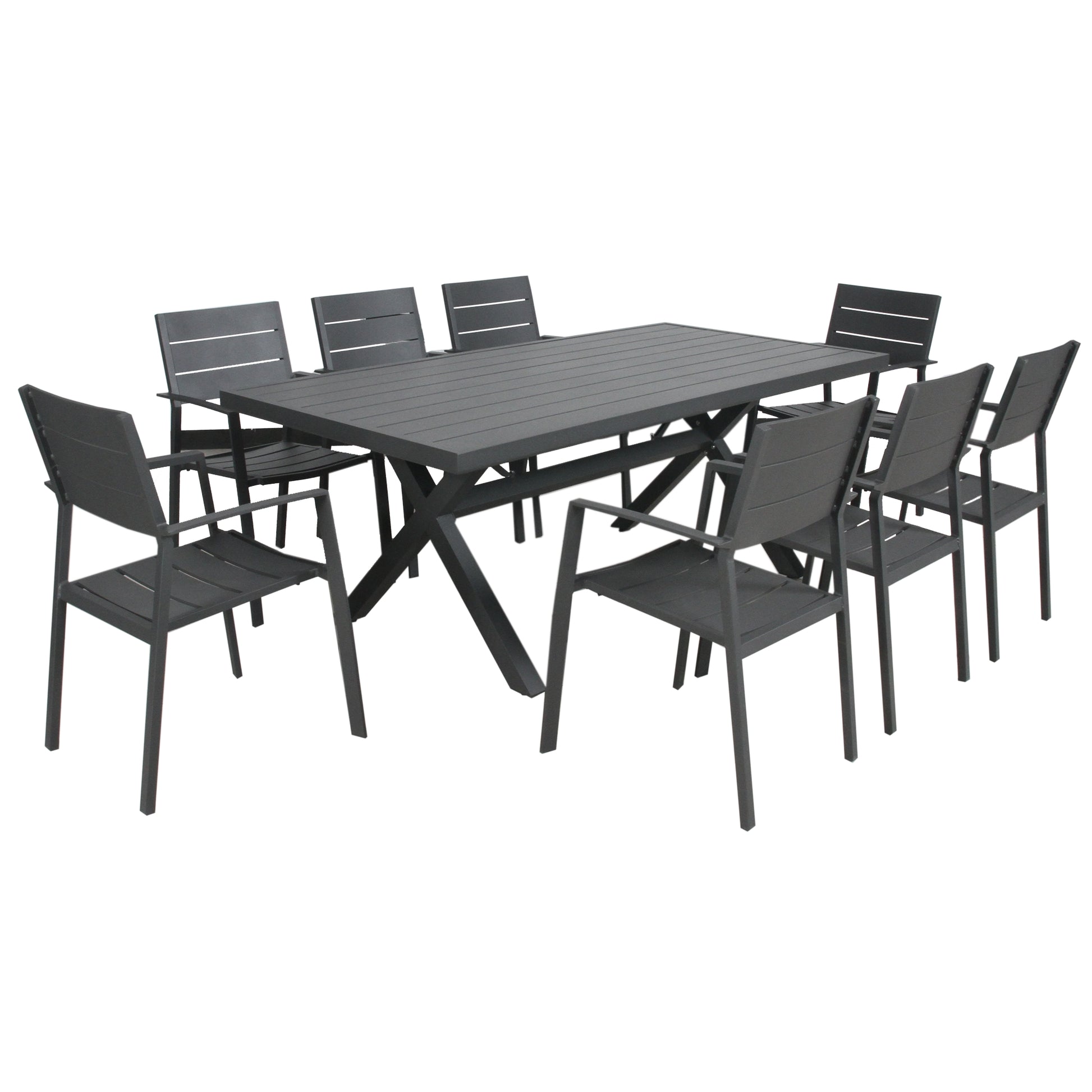 Percy 9pc 200cm Outdoor Trestle Dining Table Chair Set Aluminium Frame Grey - Cosy Abode