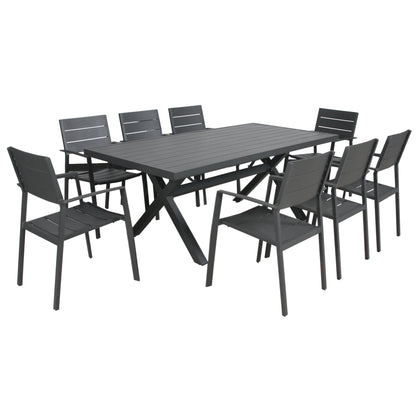 Percy 9pc 200cm Outdoor Trestle Dining Table Chair Set Aluminium Frame Grey - Cosy Abode