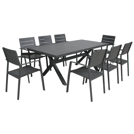 Percy 9pc 200cm Outdoor Trestle Dining Table Chair Set Aluminium Frame Grey - Cosy Abode