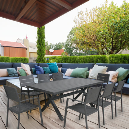 Percy 9pc 200cm Outdoor Trestle Dining Table Chair Set Aluminium Frame Grey - Cosy Abode