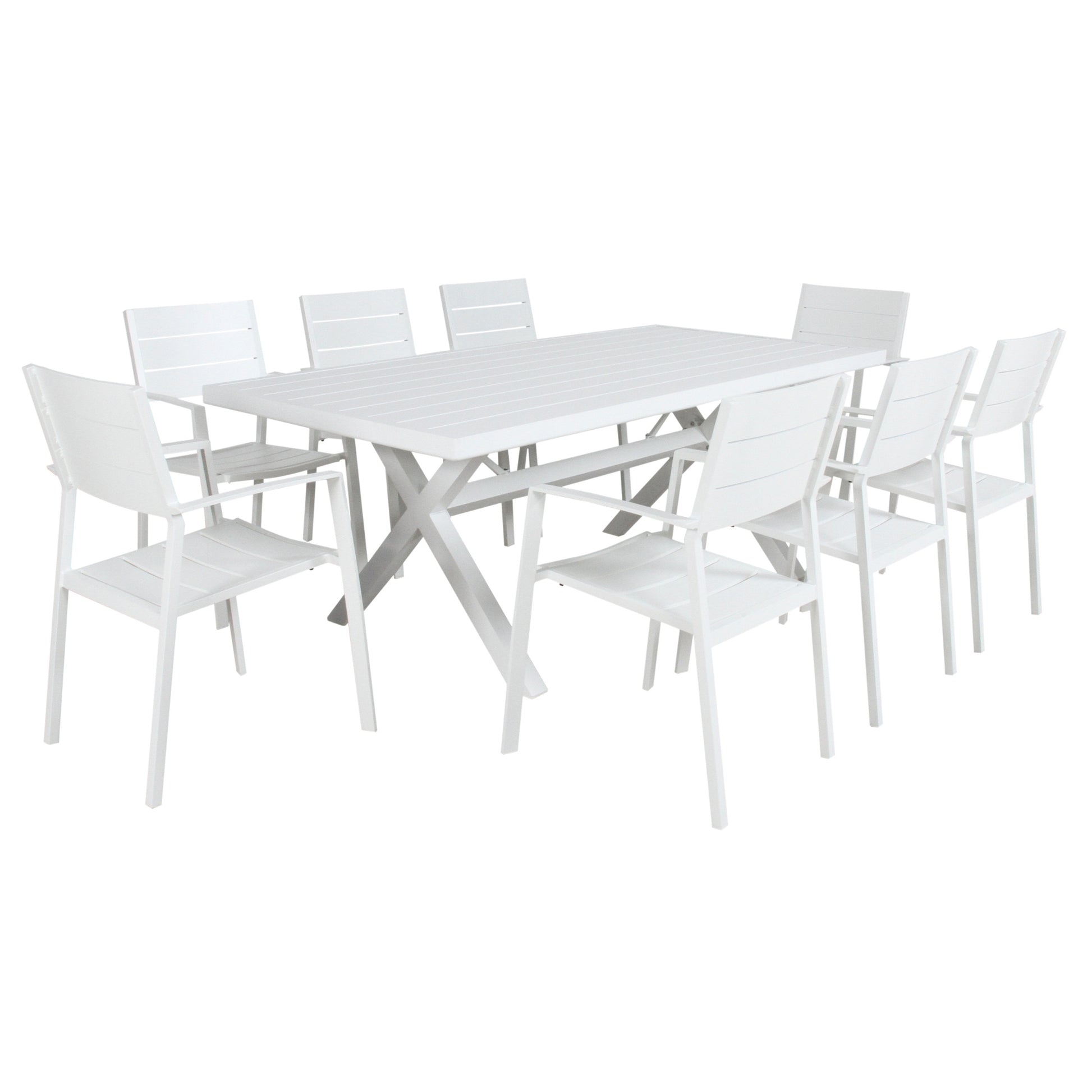 Percy 9pc 200cm Outdoor Trestle Dining Table Chair Set Aluminium Frame White - Cosy Abode