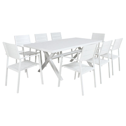 Percy 9pc 200cm Outdoor Trestle Dining Table Chair Set Aluminium Frame White - Cosy Abode
