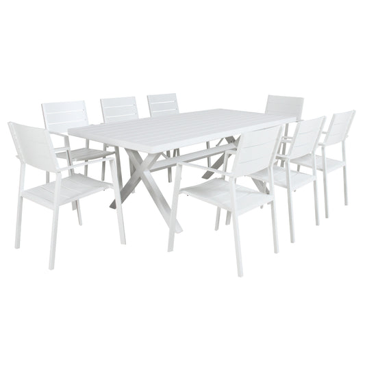 Percy 9pc 200cm Outdoor Trestle Dining Table Chair Set Aluminium Frame White - Cosy Abode
